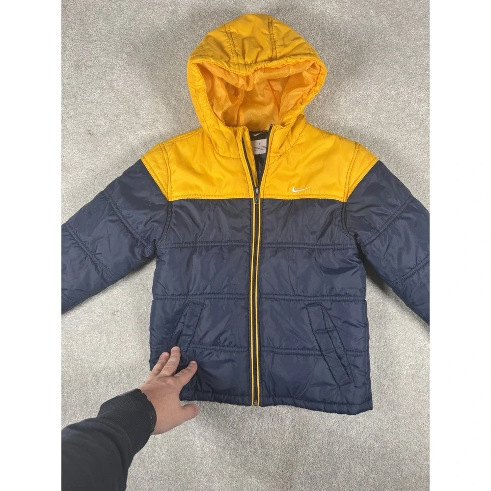 Nike Puffer Hooded Jacket Navy And Yellow Kids Size 7